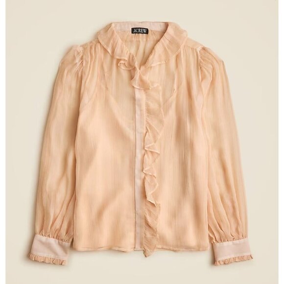 NWT J. Crew Ruffle Button-Up Shirt in Crinkle Chiffon Sz 14 Pale Pink OP $138 - Picture 1 of 12